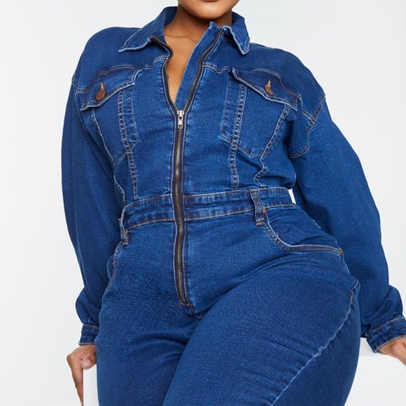 PrettyLittleThing Pants - Pretty Little Thing Mid Blue Wash Denim Zip Front Jumpsuit